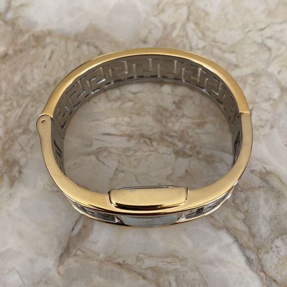 Greek Key Gold & Silver Tone Cuff Hinged Bangle Watch - Picture 8 of 12